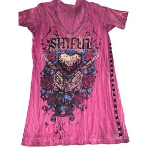Sinful by Affliction Womens Small Graphic V-Neck T-Shirt Rhinestone Moto Y2K